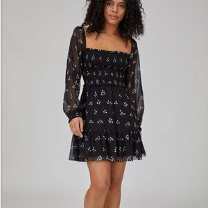 Wilfred Aritzia Tempest Dress Black Aqua Print Long Sleeve Mini Length Size XS